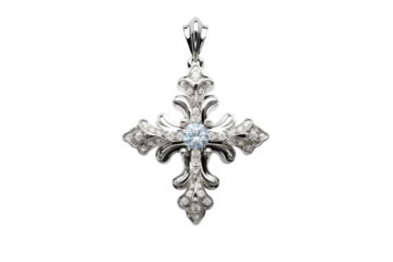Sacred Elegance: Cross Pendant With Center Blue Stone. On a White or Clear Surface PNG Transparent Background.