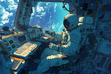 Astronaut stares at Earth from space capsule - obrazy, fototapety, plakaty