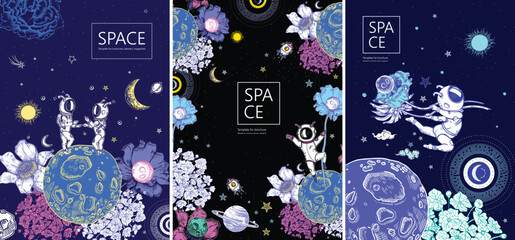 Set of space banners. Space background. Astronaut, flower and planet. Pixie in space.