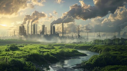 Naklejka premium Industrial Factory Emitting Smoke, outdoors