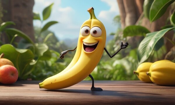 An animated banana character stands against a lush green backdrop, waving with a friendly smile. Its playful stance suggests movement and happiness in a natural setting. AI generation