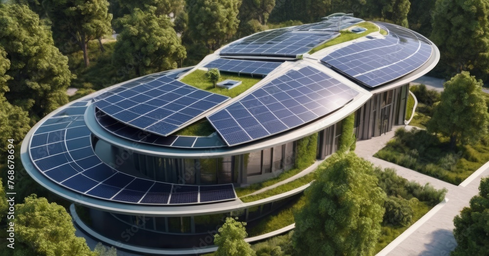 Poster a curvilinear building equipped with solar panels nestled in a verdant forest. the structure is a be