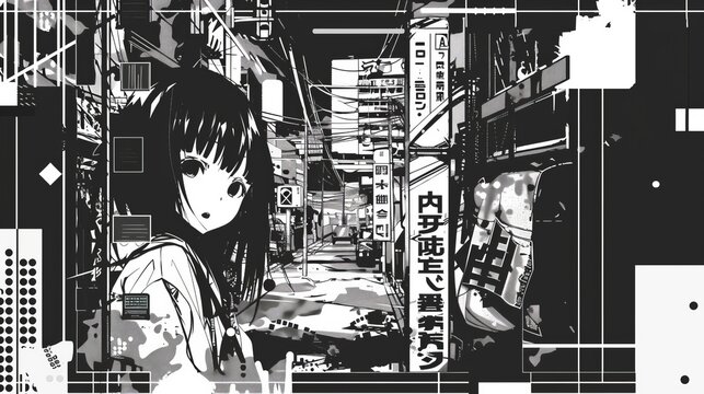 Cool grungy y2k anime manga collage set with a negative photocopy effect . Rough brutal elements for 90s vintage design. Ai generation.