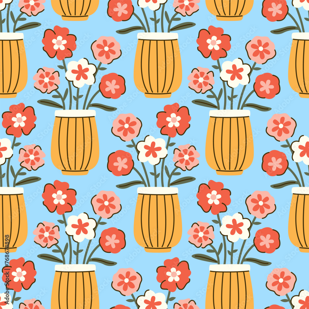 Poster seamless vector pattern with abstract colorful flowers in a vase. hand drawn bouquet in flat style w