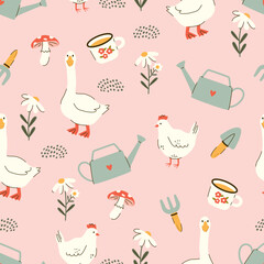 Seamless vector pattern with cute chicken, goose, gardening tools and flowers. Cottagecore background for nursery wallpaper, textile, bedding. Vintage farm and garden texture