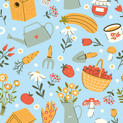 Seamless vector pattern with cute cottagecore illustrations. Spring and summer background. Gardening and farming texture. Wallpaper, wrapping paper, textile design