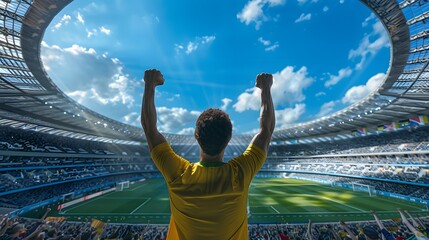 Fototapeta na wymiar Man Celebrating in Packed Stadium. Generative AI