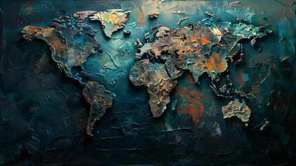 Abstract world map made of textured oil paint, moody dark colors