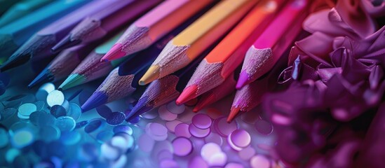 A group of colored pencils of various shades are neatly arranged next to each other, showcasing a range of vibrant colors. Each pencil is sharpened and ready for use, creating a visually appealing - obrazy, fototapety, plakaty