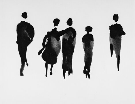 Watercolor sketch of walking people in black and white. The dabbing technique near the edges gives a soft focus effect due to the altered surface roughness of the paper.