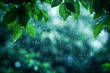 豪雨の中で生命力が光り輝く森の木々 - obrazy, fototapety, plakaty