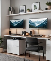 A serene home office with a mountain landscape on the monitor, reflecting a connection to nature. Clean lines and soft lighting create a peaceful work environment. AI generation AI generation