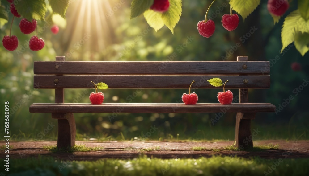 Poster an idyllic wooden bench under raspberry branches is whimsically adorned with ripe, red raspberries, 