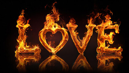 3D word LOVE made of fire flame, black background. Hot orange blaze.