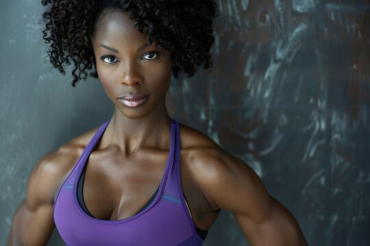 Afro American female fitness model torso in purple top with defined abdominal muscles long shot