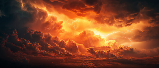 An incredible lightning storm dances across the sky, framed by dark clouds and illuminated with an orange glow, creating a captivating and dramatic scene.