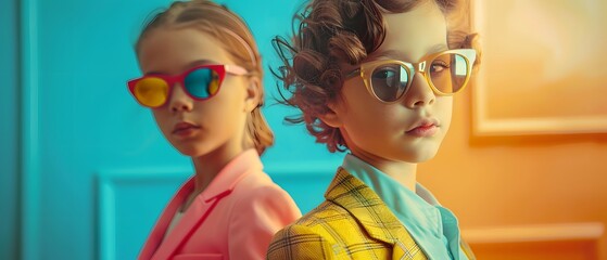 Two fashionable children posing confidently in sunglasses and vibrant blazers, with a dynamic color contrast background.