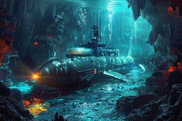 A submarine navigating through a labyrinthine cave filled with water. Generative AI
