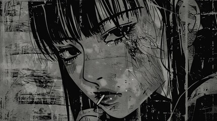 Cool grungy y2k anime manga collage set with a negative photocopy effect . Rough brutal elements for 90s vintage design. Ai generation.