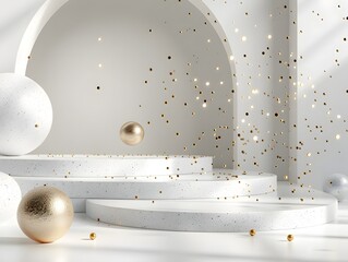 A modern display setup with spherical shapes and scattered golden sparkles, conveying a futuristic and upscale aesthetic.