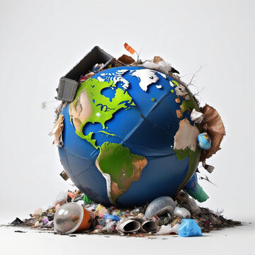 Planet earth in a pile of garbage, earth day concept, pollution, save the planet.