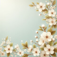 Delicate pastel flowers bloom gracefully against a soft blue backdrop, conveying an airy and light spring mood. This elegant floral composition evokes the freshness of a gentle spring breeze. AI