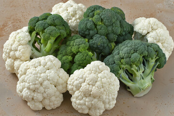 broccoli and cauliflower collage, healthy harvest, ripe heads of fresh vegetarian or vegan vegetables (4) - obrazy, fototapety, plakaty