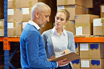 Logistics, team or clipboard in warehouse with inventory for quality control, service delivery or freight distribution. Senior manager, woman or wholesale supplier with stock checklist for inspection - obrazy, fototapety, plakaty