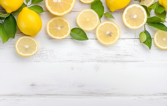 fresh lemon fruit slices with leaves on white wooden table backg