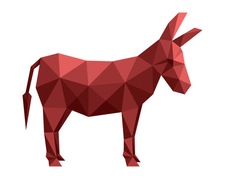 Polygonal red donkey on transparent background.