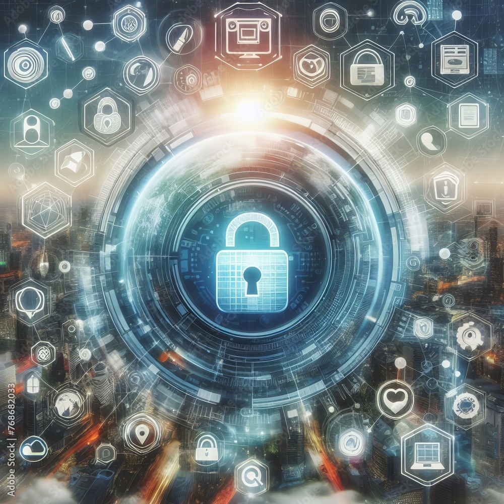Poster futuristic cybersecurity concept superimposed on an urban skyline, with a central lock icon symboliz
