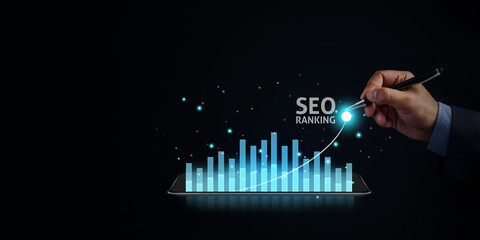A marketer business points at a graph explaining seo concepts and optimization analysis tools based on data, digital marketing, seo concepts, analytics concept - obrazy, fototapety, plakaty