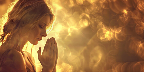Alone for a quiet moment connecting with God - female side profile with hands in prayer position surrounded by beautiful golden  glowing mist with space for spiritual message 
