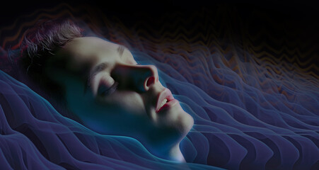 Deep restful peaceful sleep is healing to the mind and body  - head of a young male with eyes closed surrounded by blue undulating energy waves depicting healing energy field during sleep
- 768682282