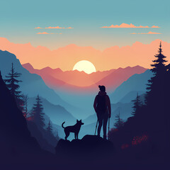 silhouette of a man with pet dog on the mountains. Beautiful sunrise in the background