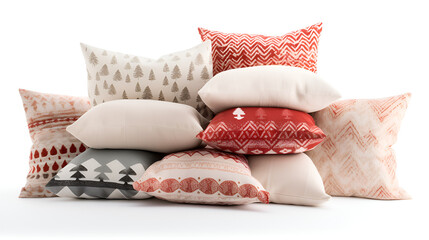 a pile of pillows with a, white and red pattern,Decorative Throw Pillow Ensemble with Coordinated Patterns on white background