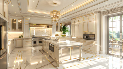 a luxurious kitchen with a massive marble topped island as the centerpiece, adorned with a gleaming gold faucet - obrazy, fototapety, plakaty