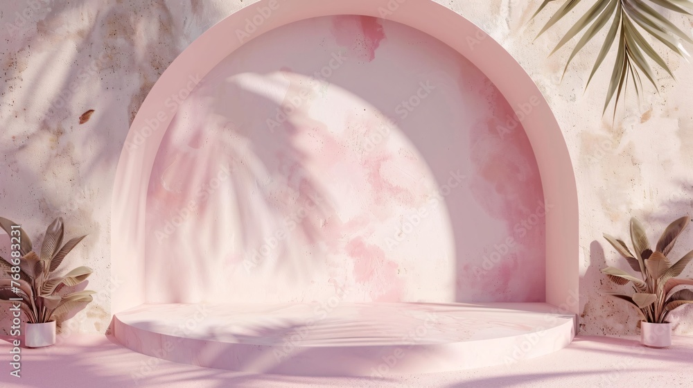 Poster 3d rendering of podium design for product display or showcase , pink podium design concept. ai gener