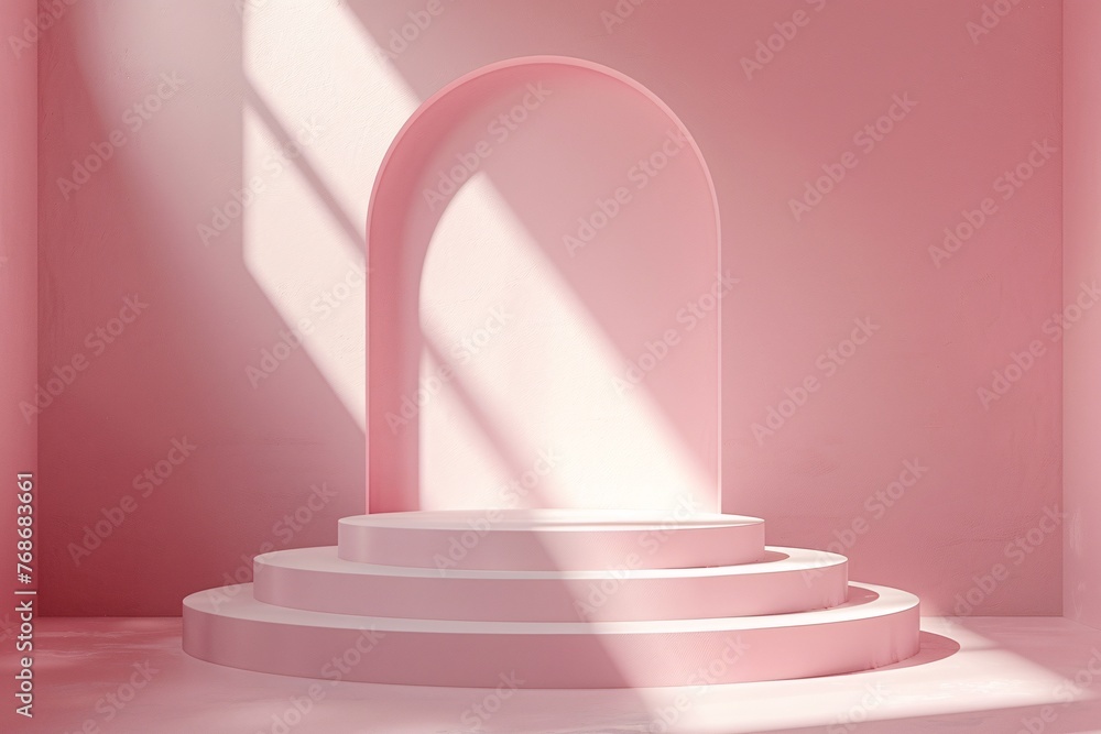 Poster 3d rendering of podium design for product display or showcase , pink podium design concept. ai gener