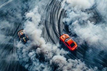 Aerial top view car drifting, Race drift car with lots of smoke from burning tires on speed track, Two car drifting battle on asphalt race track, Two drift cars battle with smoke from burned tire - obrazy, fototapety, plakaty