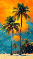 Stylized image of palm trees against a vibrant painted sunset backdrop.