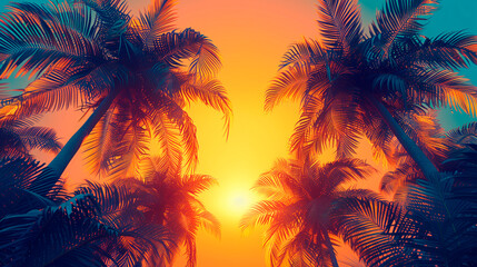 Palm trees against a colorful sunset sky, symbolizing a tropical paradise.