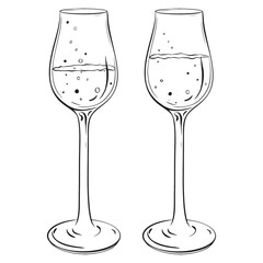Two wine glasses with bubbles on a white background