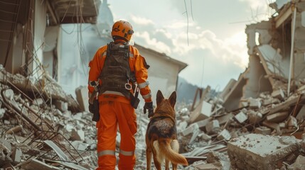 Emergency rescue man with rescue dog mobilize in search of survivors amid the rubble of a collapsed building.