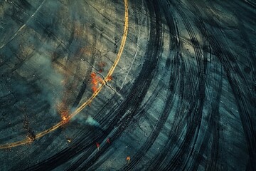 Aerial top view car tire marks burnout, Tire marks on the asphalt road, Tire mark on race track texture and background - obrazy, fototapety, plakaty