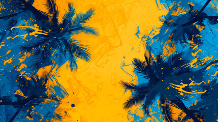 Blue palm leaves arranged abstractly on a yellow painted background.
