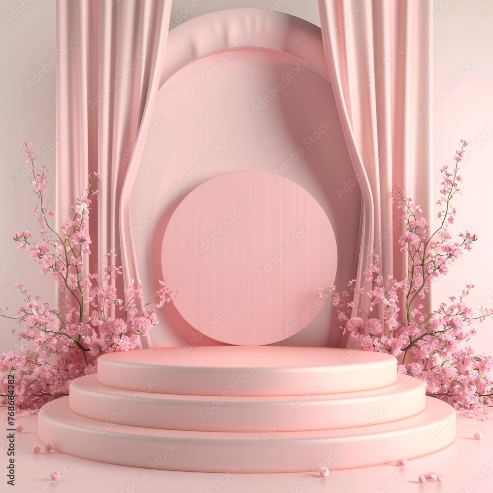 Poster 3d rendering of podium design for product display or showcase , pink podium design concept. ai gener