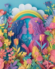 Paper Art Illustration of Romantic Couple with Rainbow and Floral Elements, Love Concept