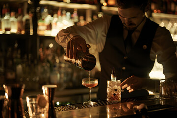 barman making cocktail, evening lighting, craft cocktail, bar scene