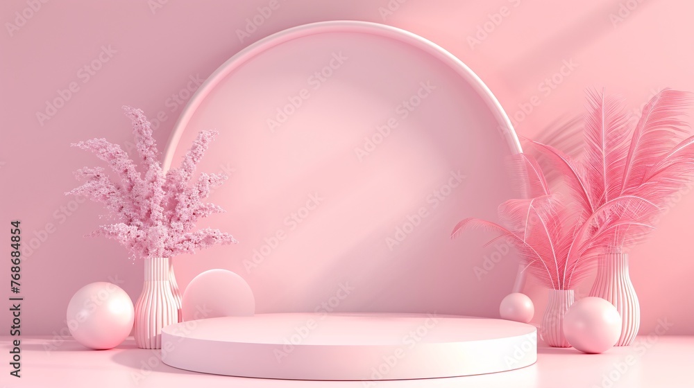 Poster 3d rendering of podium design for product display or showcase , pink podium design concept. ai gener
